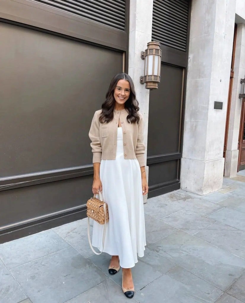 Beige cardigan over white midi dress — Classy Casual Church Outfit