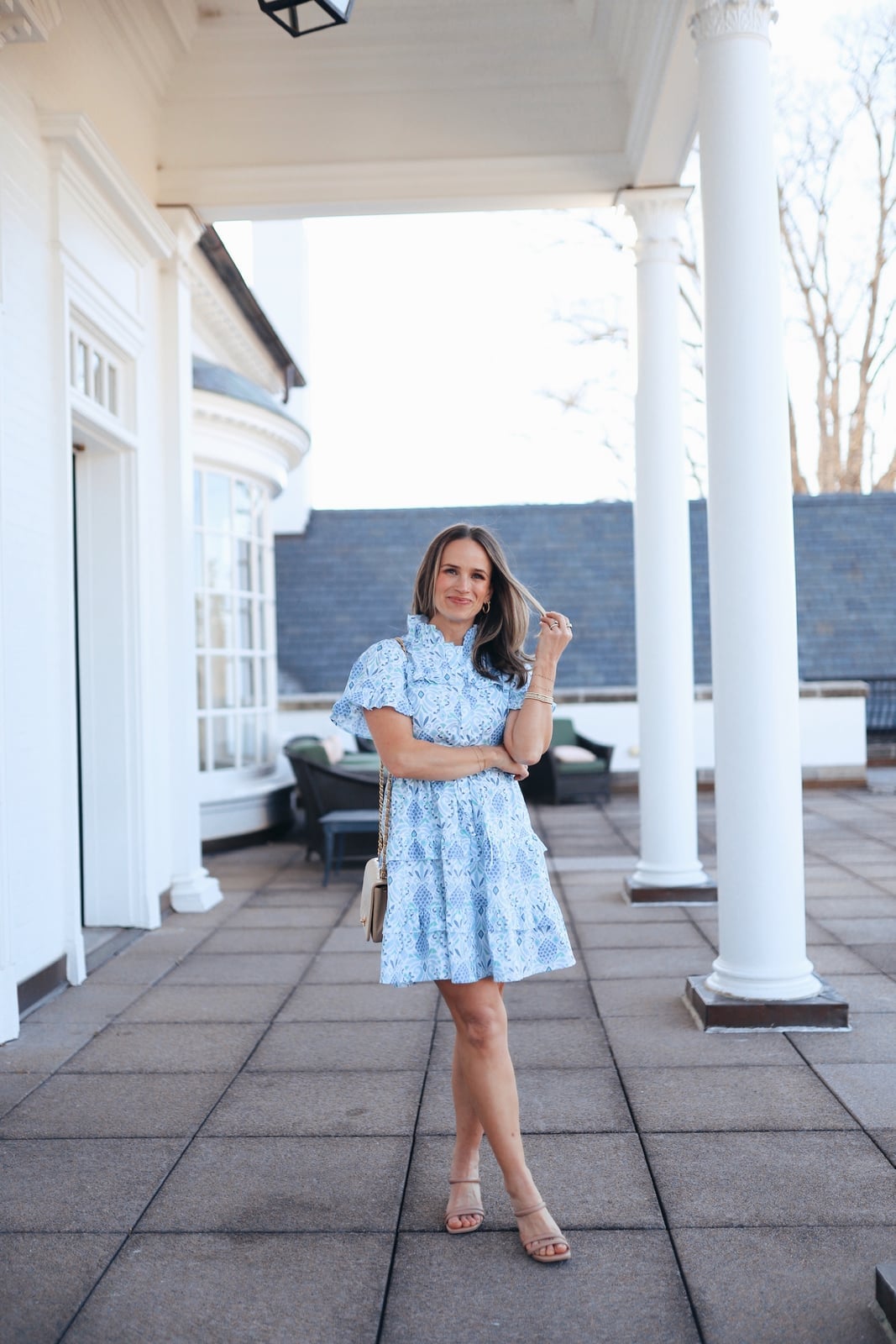 Blue and white patterned mini dress — Classy Casual Church Outfit