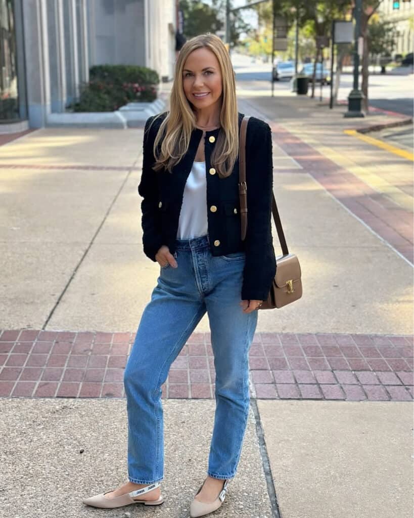 Black tweed jacket over white camisole and jeans — Classy Casual Church Outfit