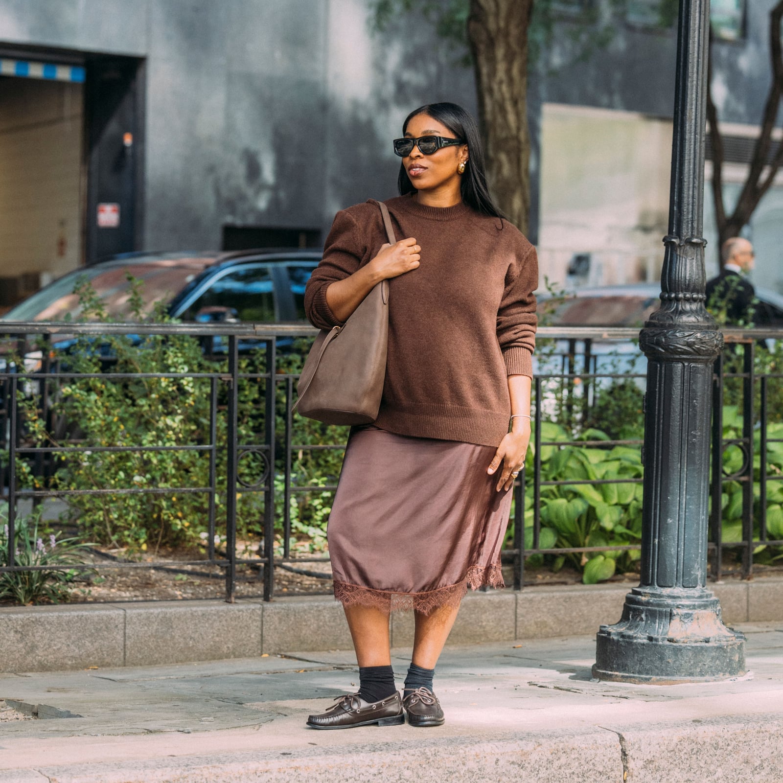 Brown sweater and mauve satin skirt — Classy Casual Outfits