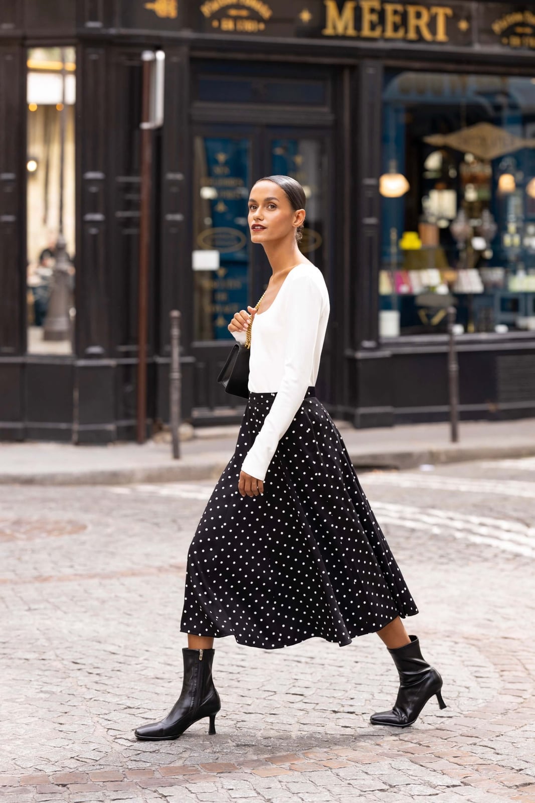 White long-sleeve top and polka dot midi skirt — Classy Casual Outfits