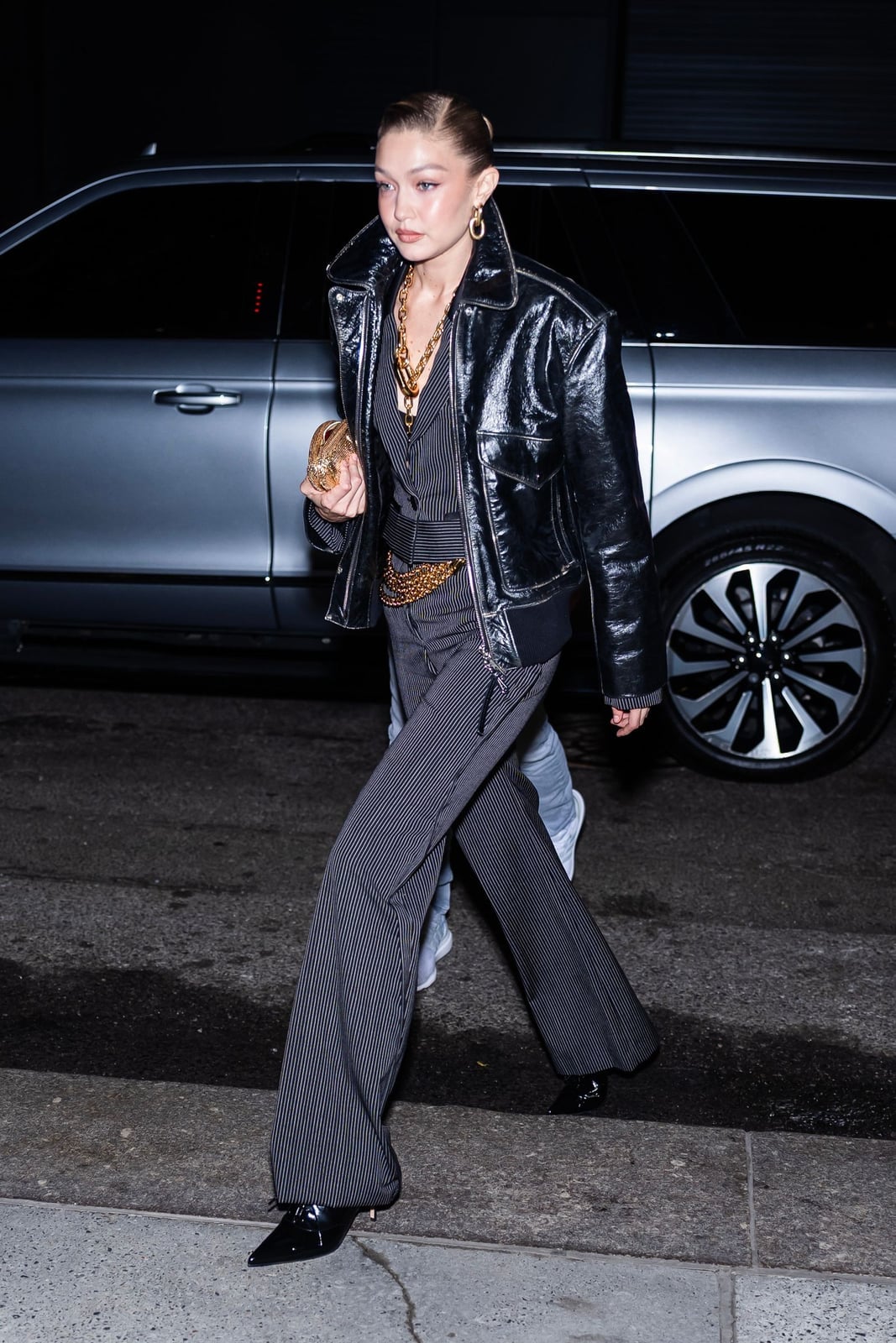 Leather jacket with pinstripe vest and trousers — Classy Casual Outfits