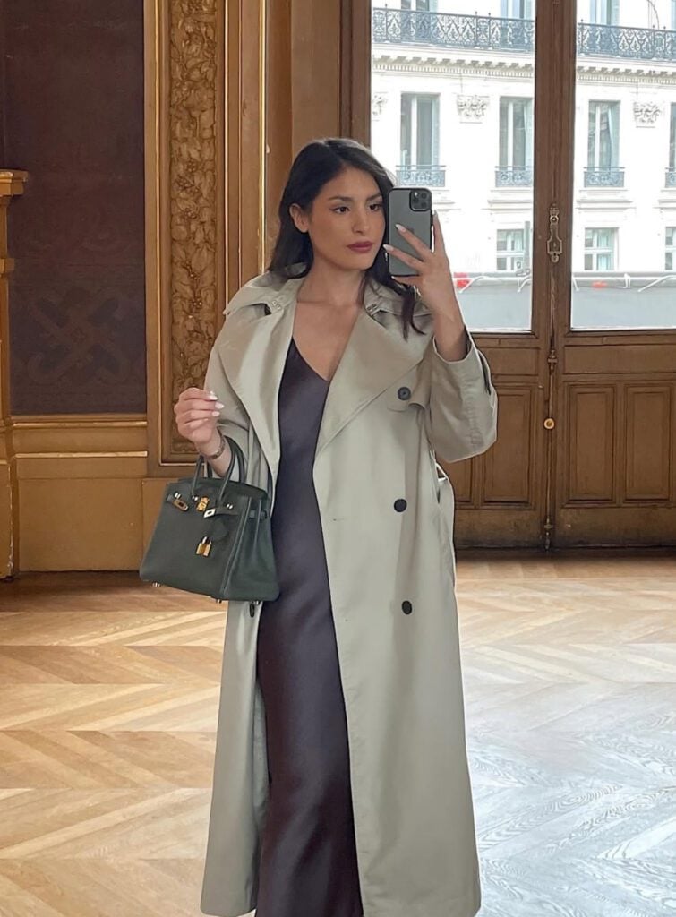 Beige trench coat over dark gray slip dress — Classy Casual Outfits