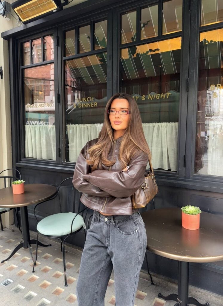 Brown leather bomber jacket and gray jeans — Classy Casual Outfits