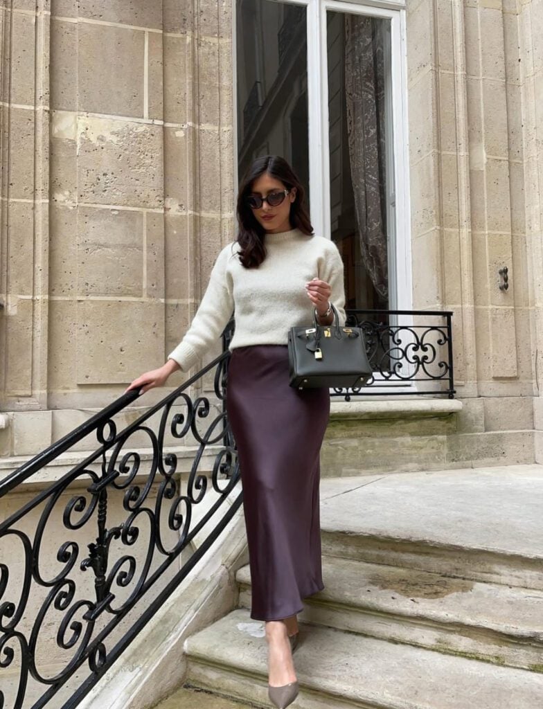 Cream sweater and plum satin midi skirt — Classy Casual Outfits