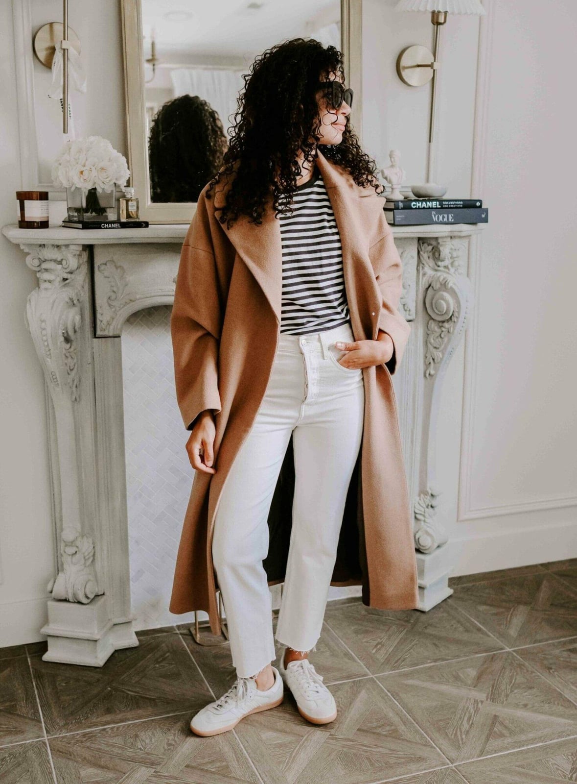 Camel coat over striped tee and jeans — Classy Casual Outfits