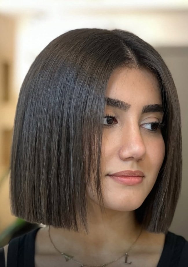 Sleek Glossy Dark Brown Bob Sleek Glossy Dark Brown Bob — Classy Chin Length Hair