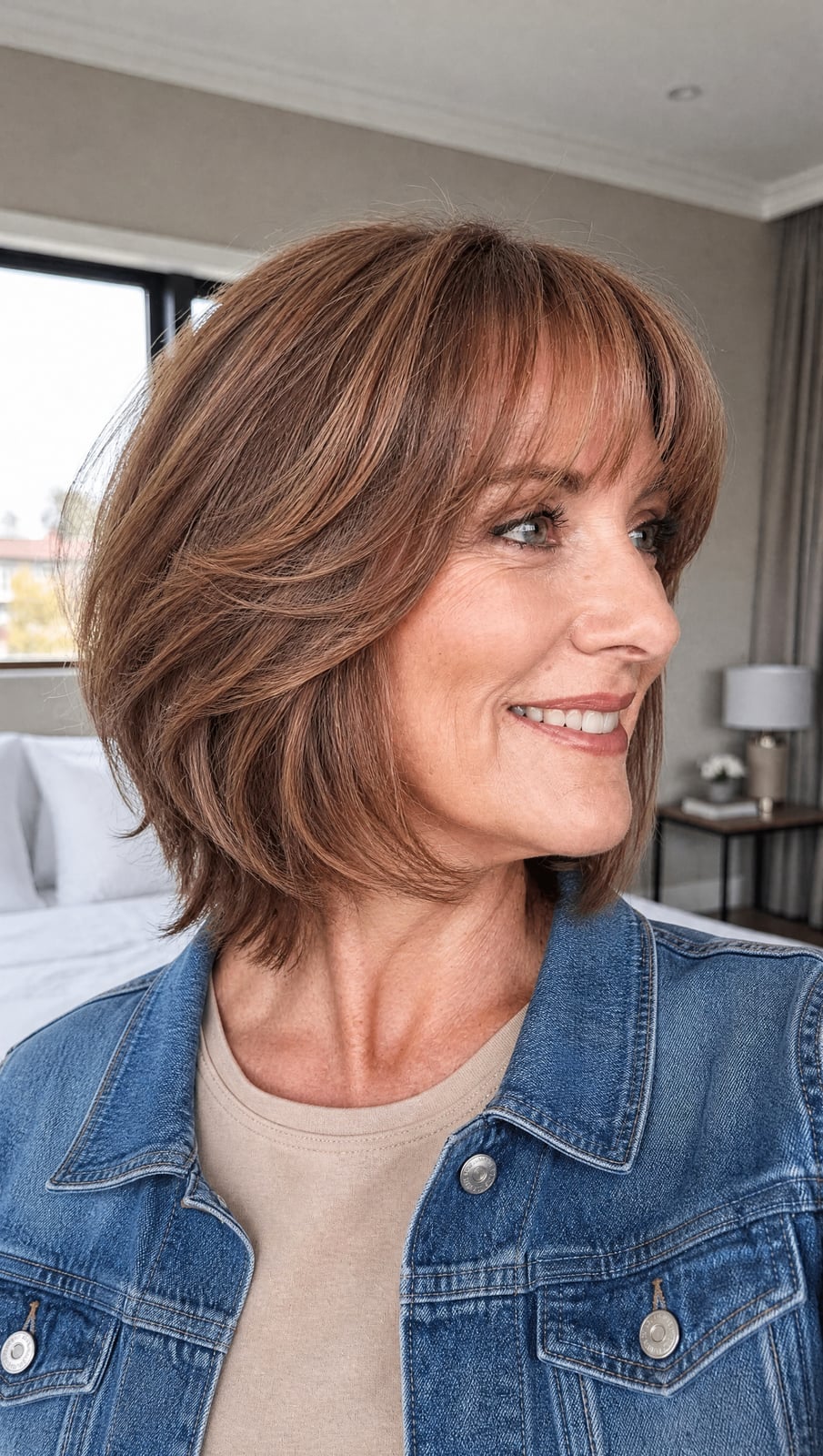 Layered Bob With Volume And Curtain Bangs Layered Bob With Volume And Curtain Bangs — Classy Chin Length Hair