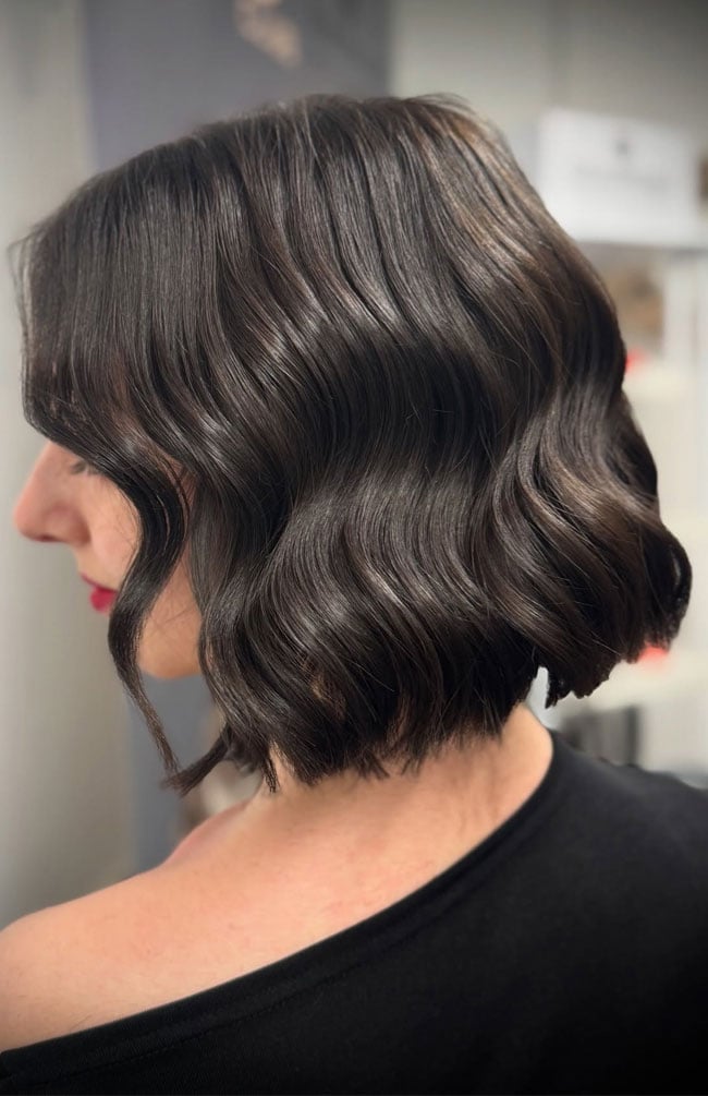 Glossy Wavy Dark Brown Bob, Side Glossy Wavy Dark Brown Bob, Side — Classy Chin Length Hair