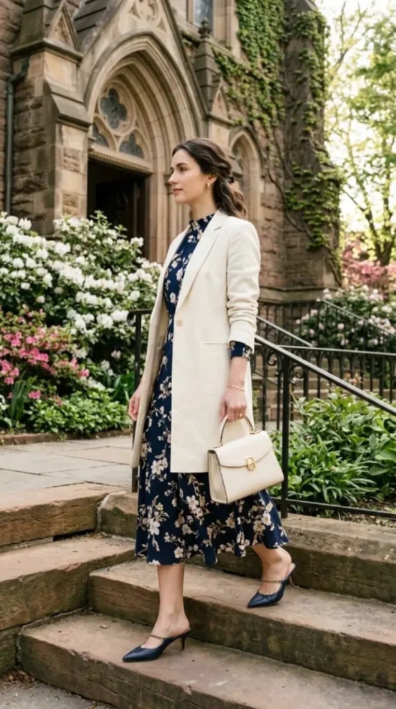 Navy floral midi dress with cream blazer Navy floral midi dress with cream blazer — Classy Church Outfits