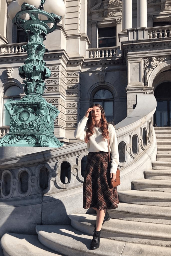 White sweater with brown plaid midi skirt White sweater with brown plaid midi skirt — Classy Church Outfits