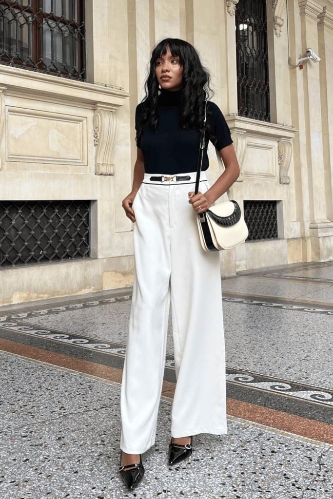 Black turtleneck with white wide-leg trousers Black turtleneck with white wide-leg trousers — Classy Church Outfits