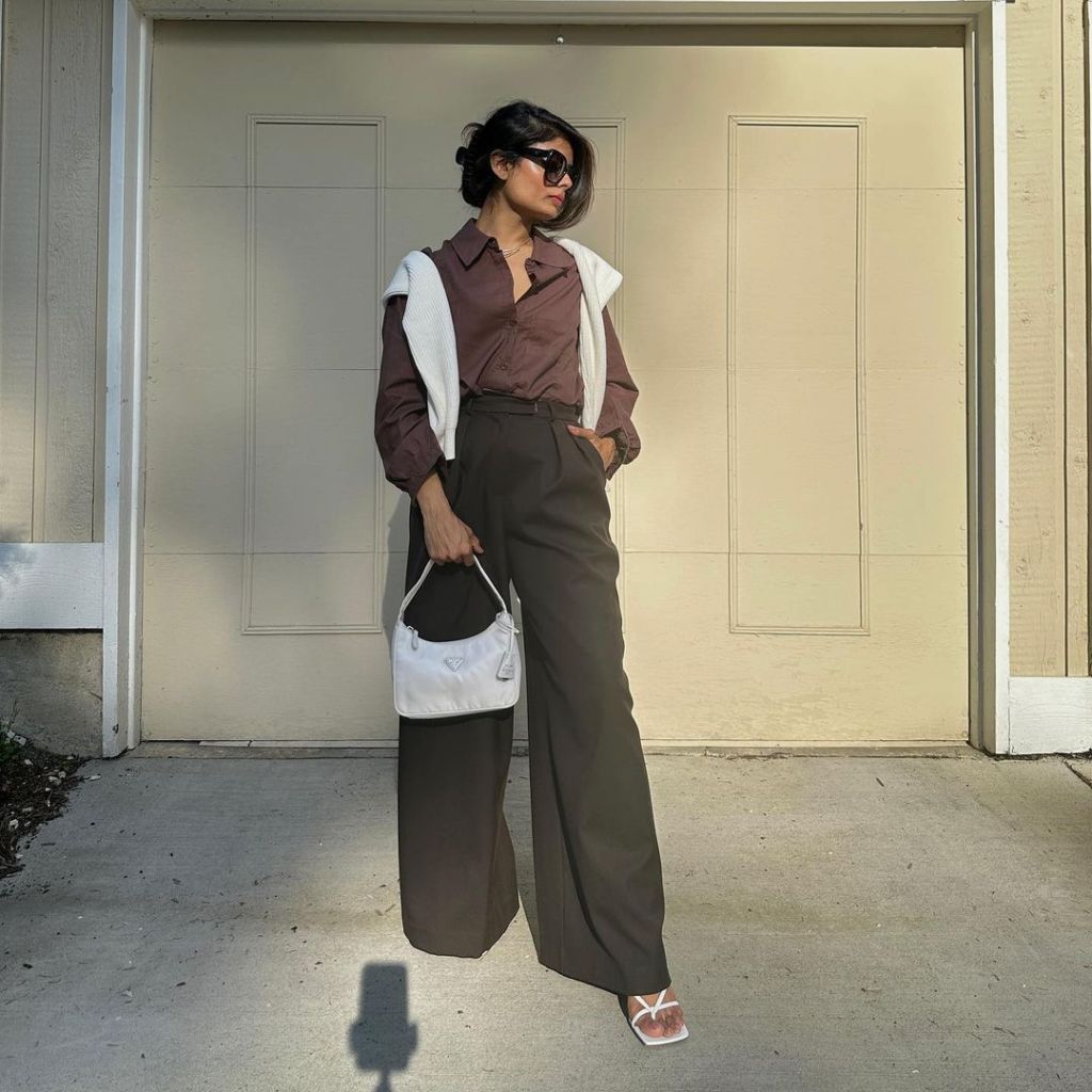 Brown shirt with gray wide-leg trousers Brown shirt with gray wide-leg trousers — Classy Church Outfits