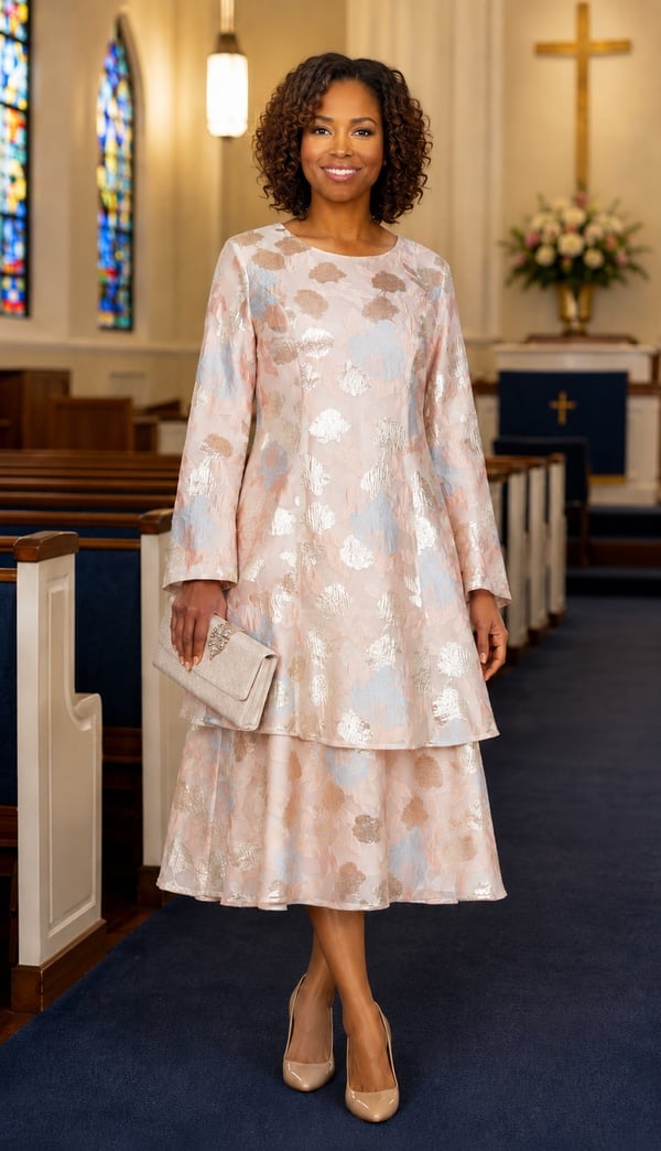 Tiered floral brocade midi dress Tiered floral brocade midi dress — Classy Church Outfits