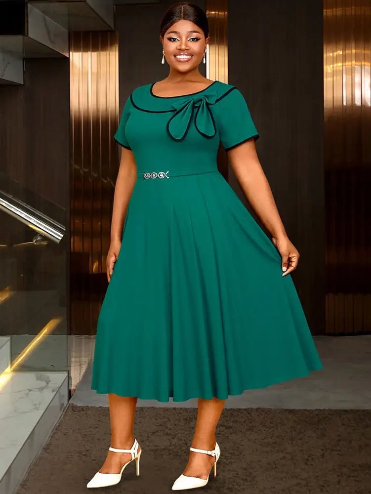 Teal green fit-and-flare dress with black trim Teal green fit-and-flare dress with black trim — Classy Church Outfits