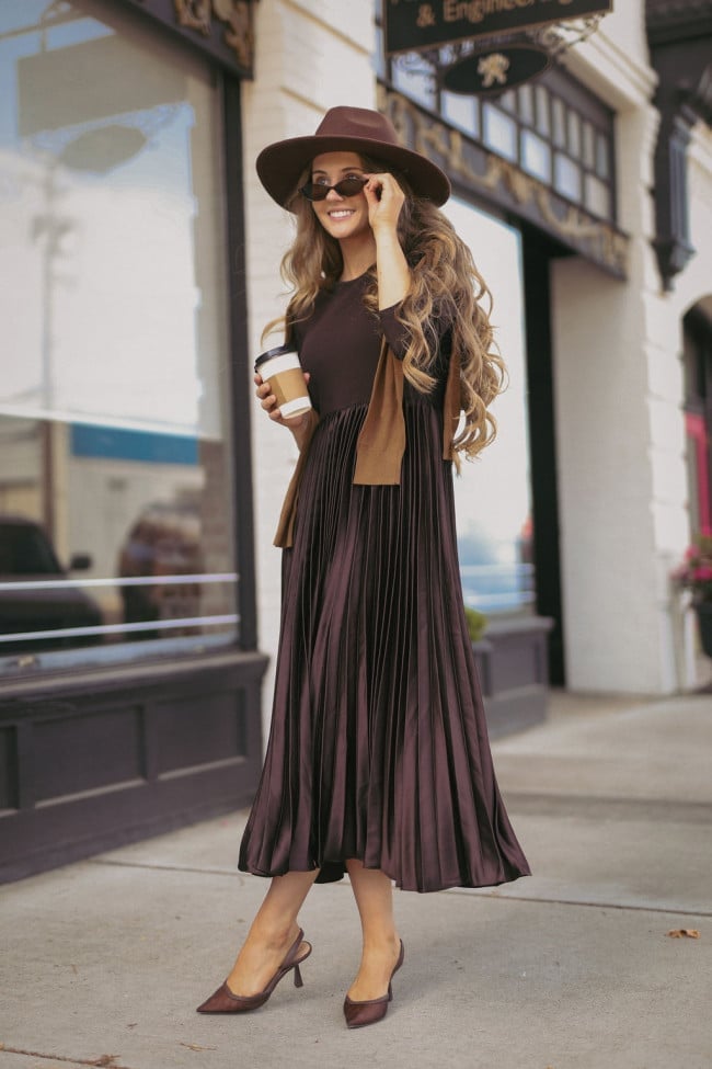 Brown midi dress with pleated satin skirt Brown midi dress with pleated satin skirt — Classy Church Outfits