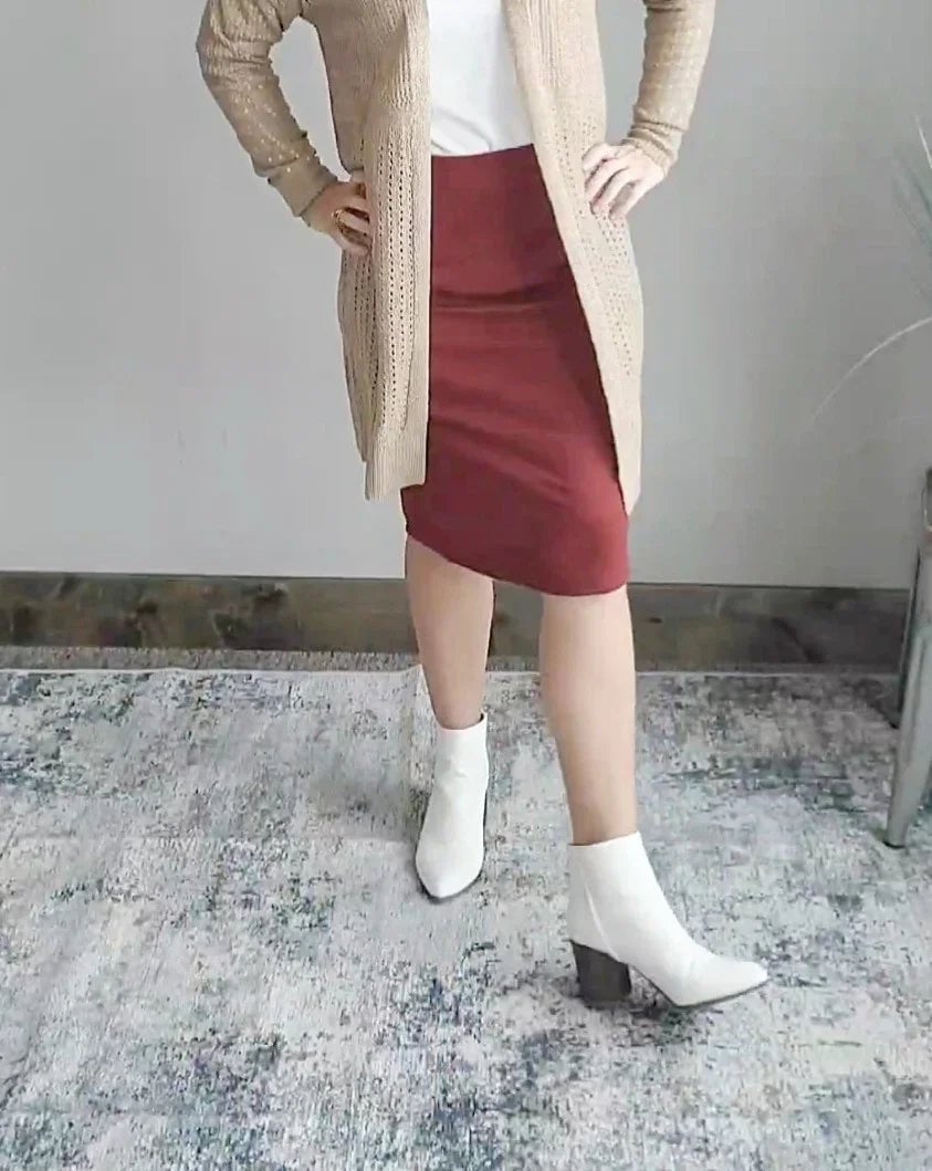 Red pencil skirt with beige cardigan Red pencil skirt with beige cardigan — Classy Church Outfits