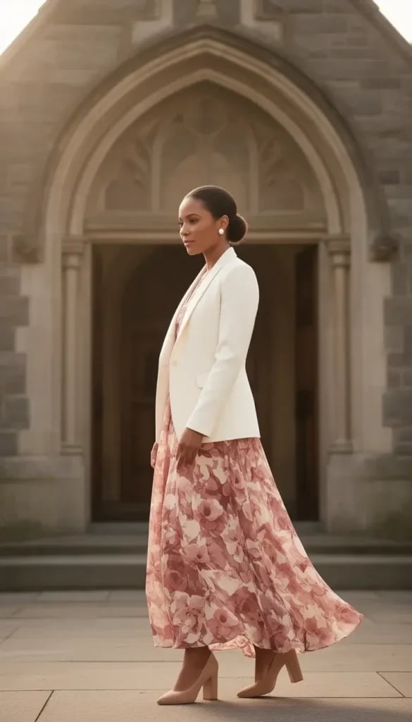 White blazer over pink floral maxi dress White blazer over pink floral maxi dress — Classy Church Outfits