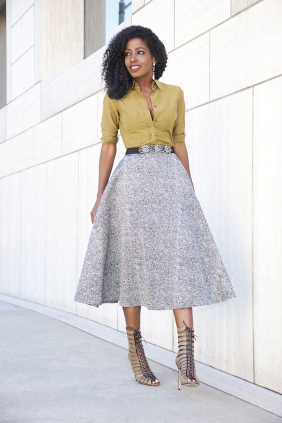Olive green shirt with tweed midi skirt Olive green shirt with tweed midi skirt — Classy Church Outfits