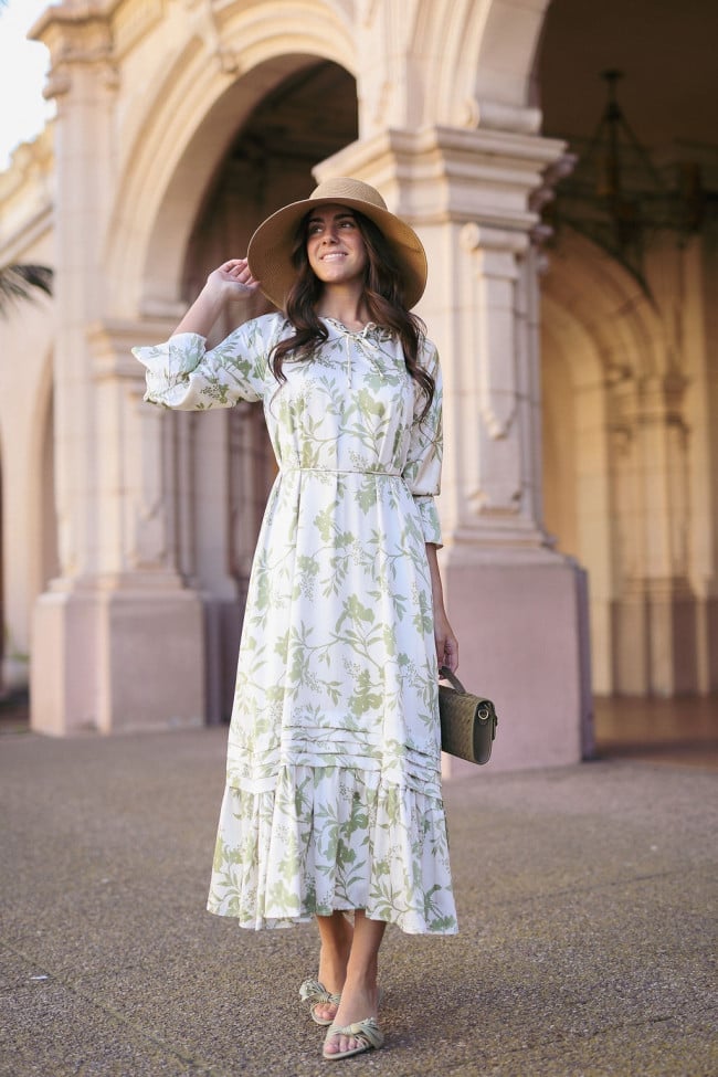 White floral midi dress with straw hat White floral midi dress with straw hat — Classy Church Outfits