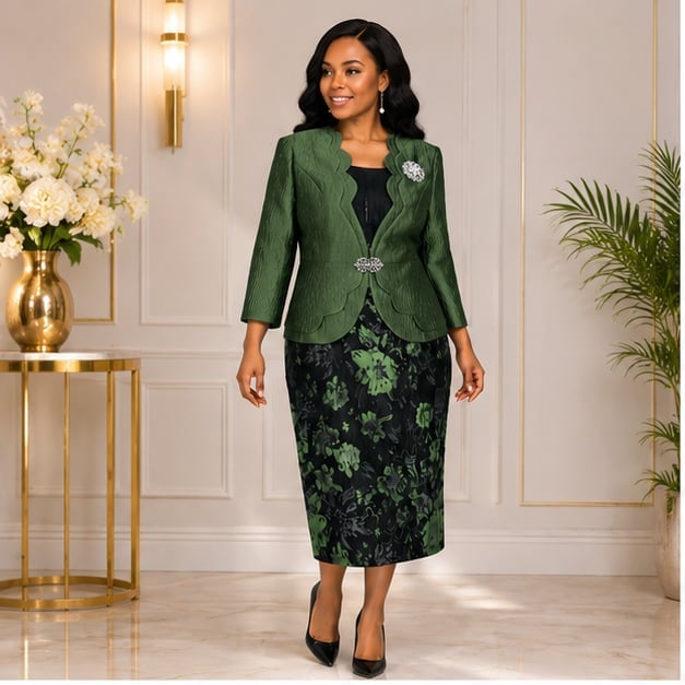 Green textured jacket and floral dress set Green textured jacket and floral dress set — Classy Church Outfits