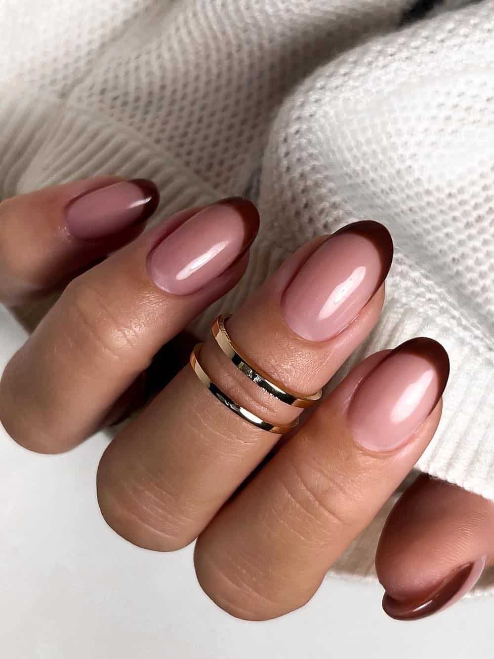 Nude Base Dark Brown French Tip Oval — Classy Clean Girl Nails