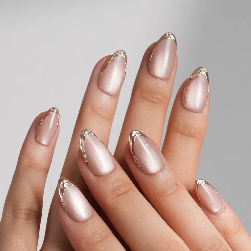 Pearlescent Pink Metallic Gold French — Classy Clean Girl Nails