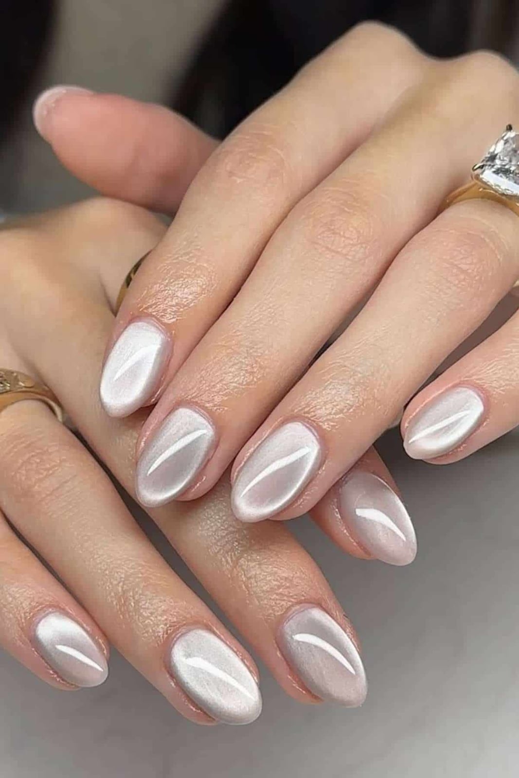 Pearlescent White Cat-Eye Oval Nails — Classy Clean Girl Nails