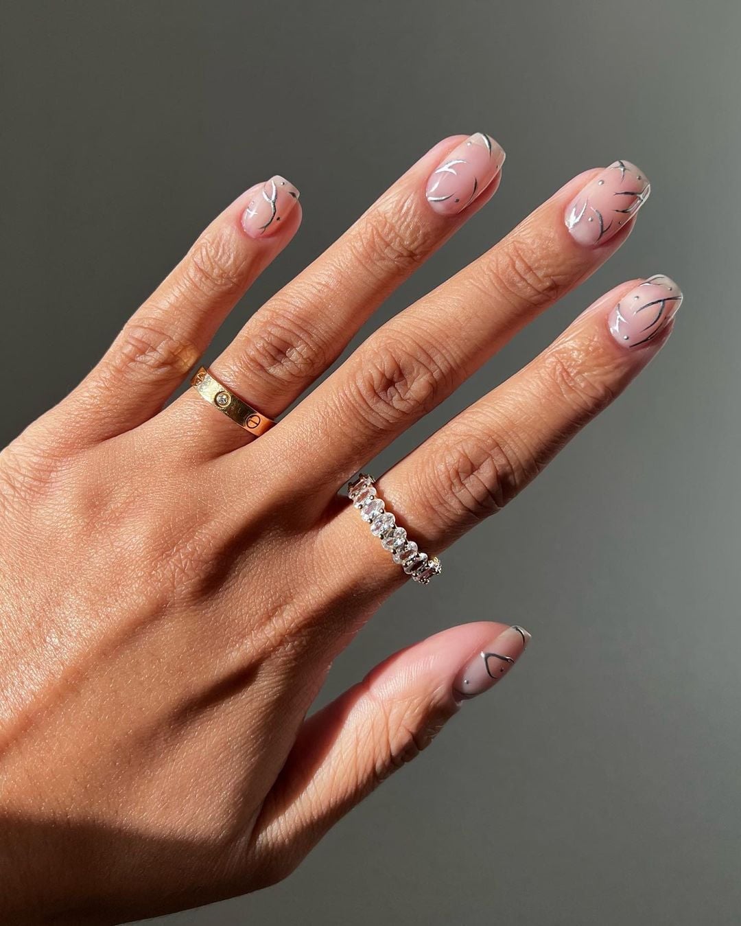 Sheer Nude Abstract Silver Line Art — Classy Clean Girl Nails