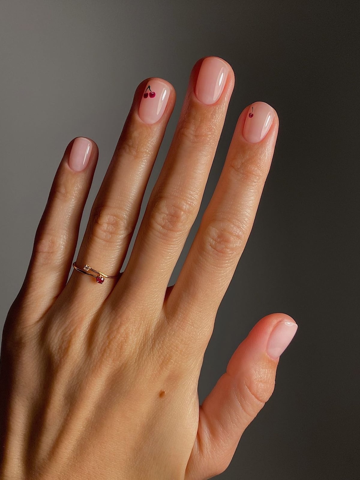 Short Oval Pale Pink With Cherry Art — Classy Clean Girl Nails