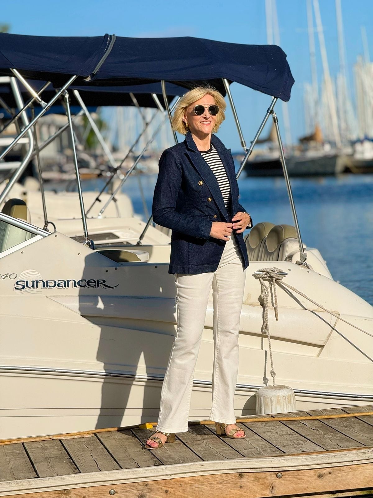 Denim Blazer Nautical Outfit With White Jeans — Classy Coastal Outfits