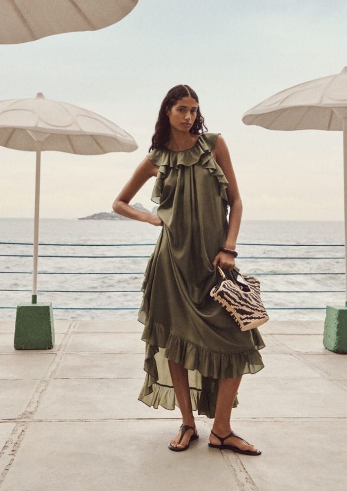 Olive Green Ruffled Tiered Midi Dress With Flat Sandals — Classy Coastal Outfits