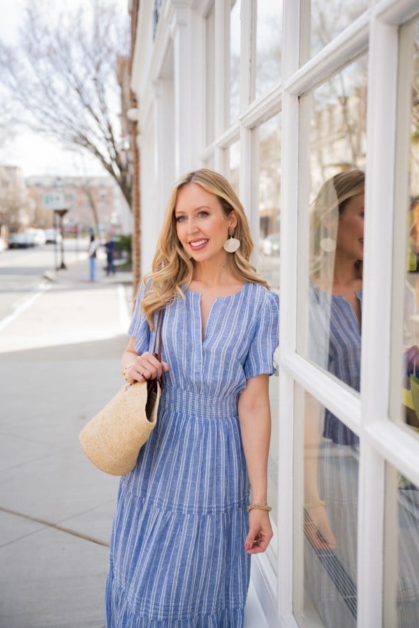 Blue And White Striped Tiered Midi Dress With Tan Sandals — Classy Coastal Outfits