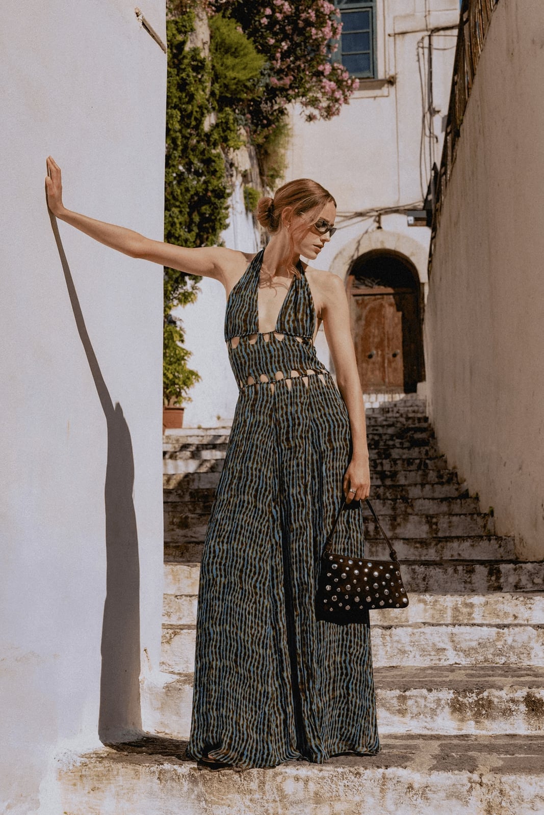 Blue And Beige Striped Halter Neck Maxi Dress With Cut-Outs — Classy Coastal Outfits
