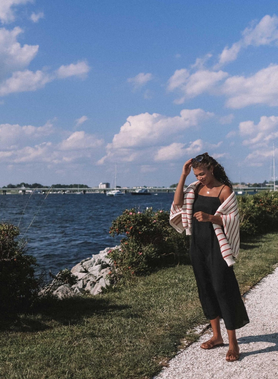Black Wide Leg Jumpsuit With Striped Cardigan — Classy Coastal Outfits