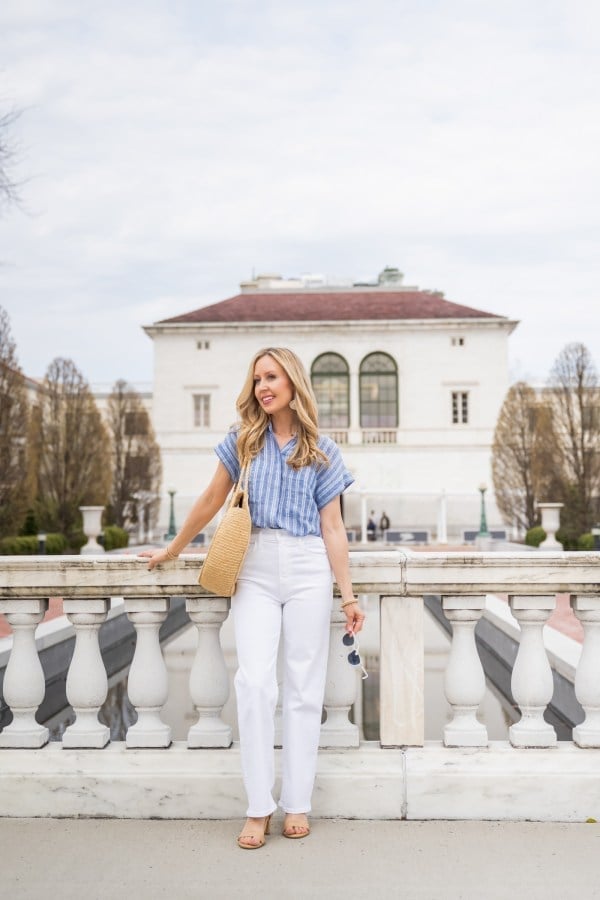 Blue Striped Top With White Wide Leg Pants — Classy Coastal Outfits