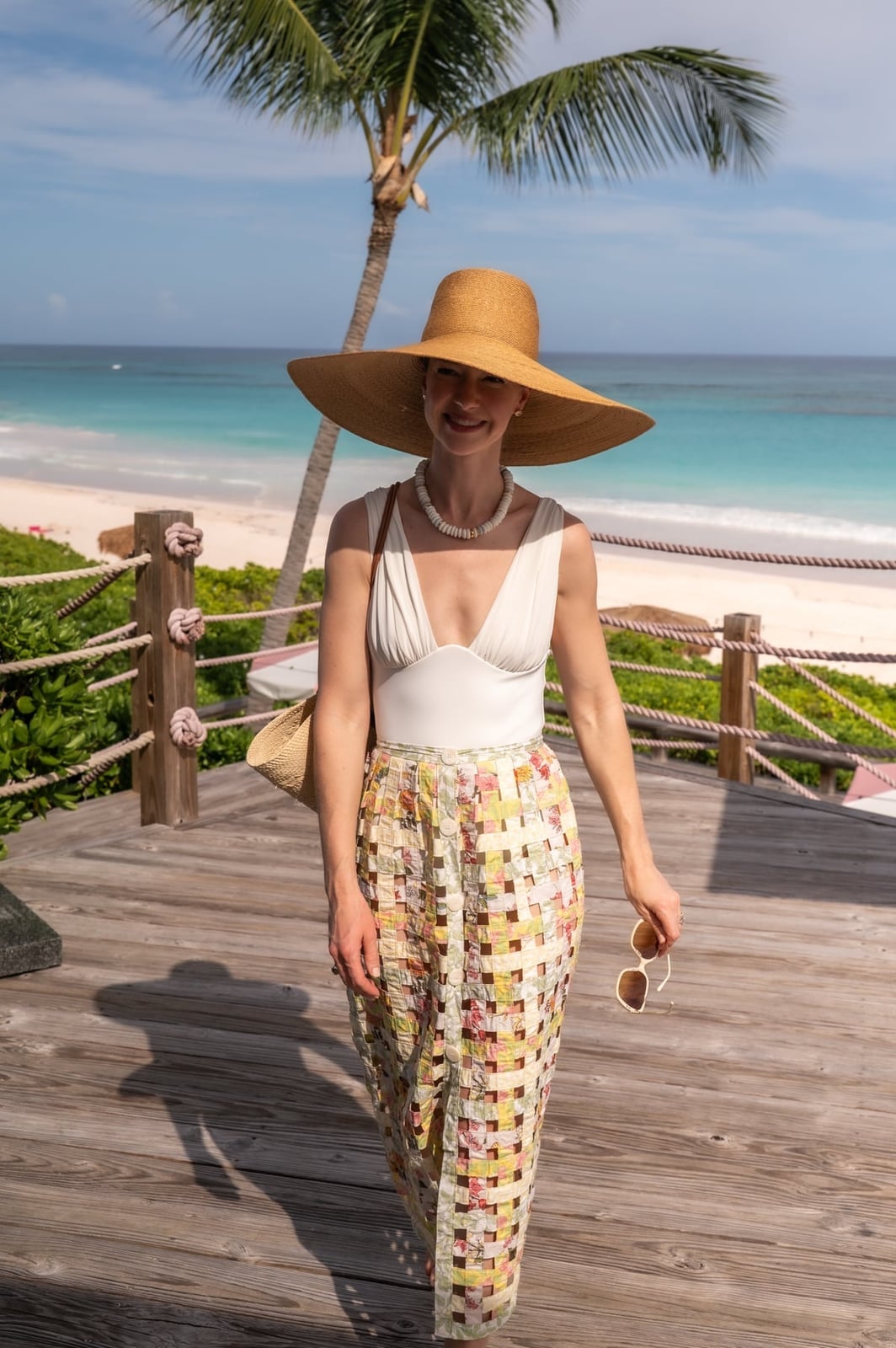 White Swimsuit With Pastel Patchwork A-Line Skirt — Classy Coastal Outfits