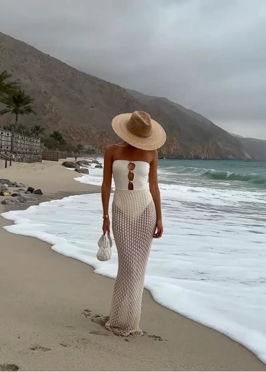 White Swimsuit With Sheer Crochet Maxi Skirt — Classy Coastal Outfits