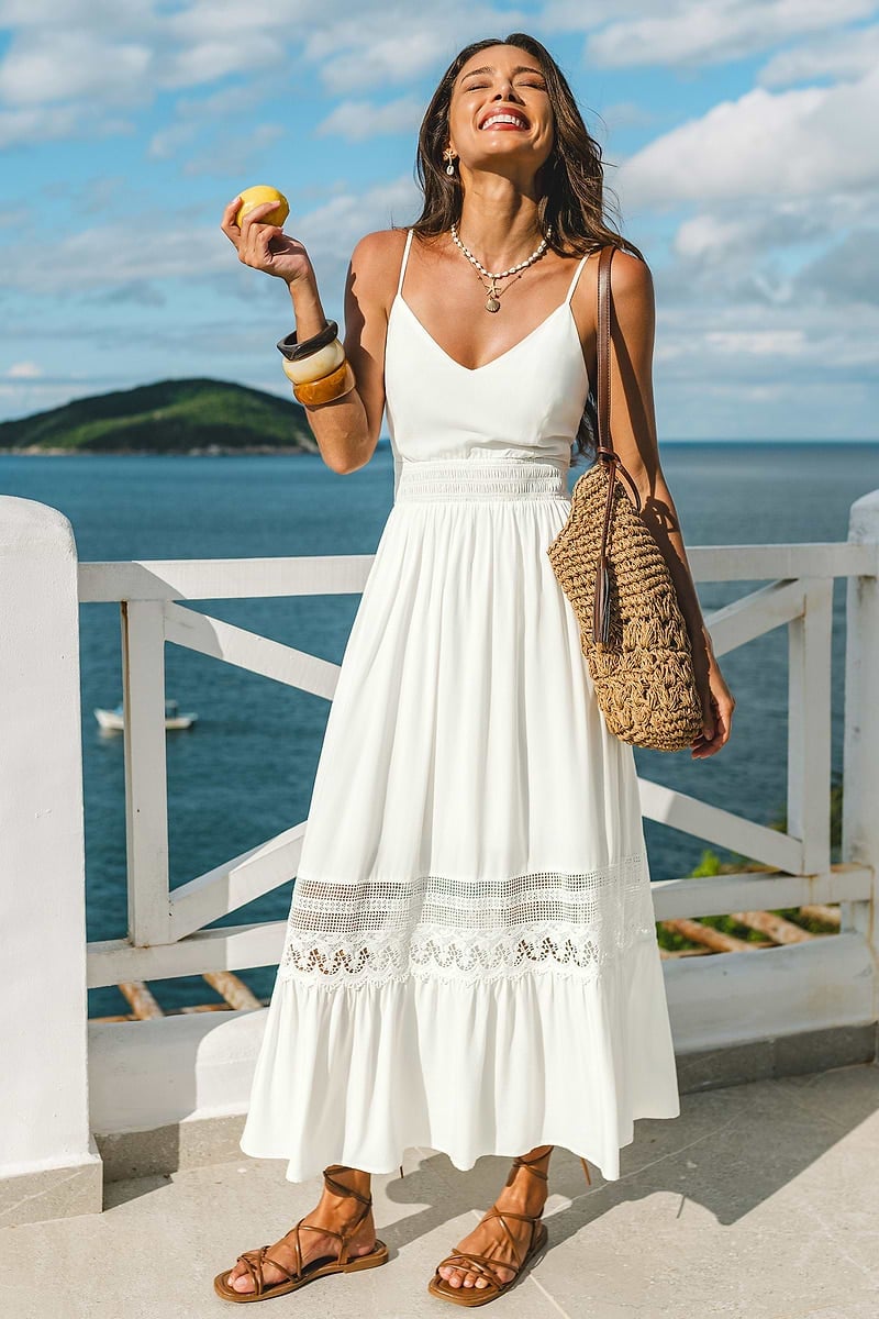 Tiered White Maxi Dress With Lace Inserts — Classy Coastal Outfits