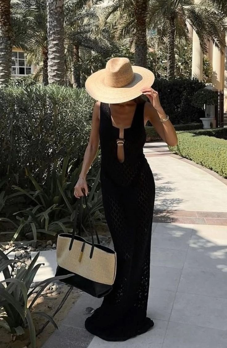 Black Crochet Knit Maxi Dress With Wide Brim Hat — Classy Coastal Outfits