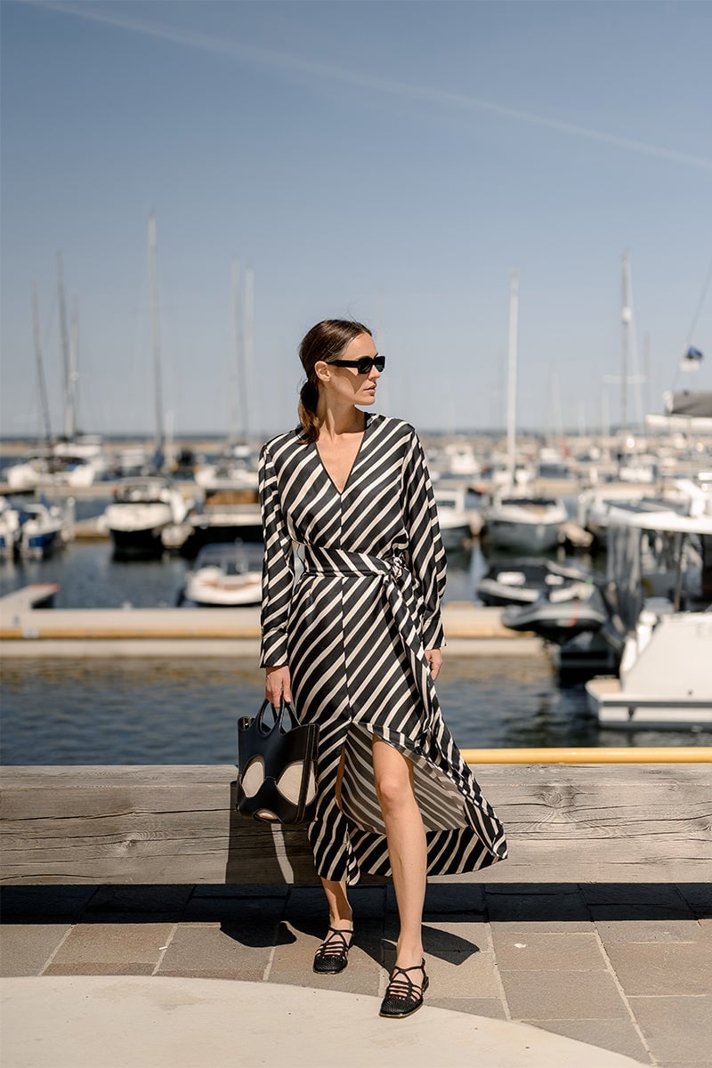 Black And White Striped Wrap Dress With Mary Jane Flats — Classy Coastal Outfits
