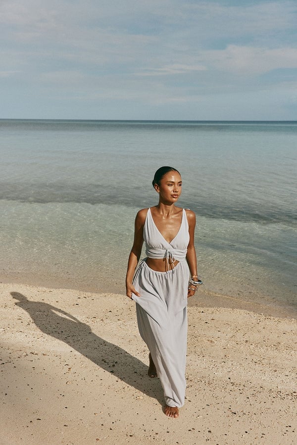 Light Gray Tie Front Crop Top And Wide Leg Pants Set — Classy Coastal Outfits