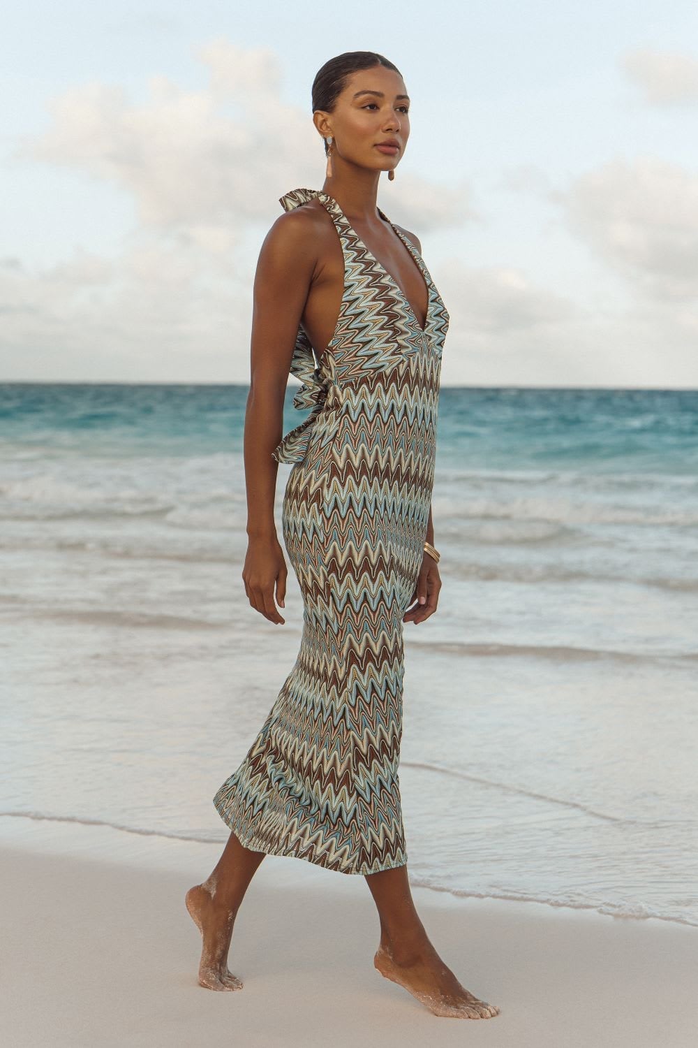 Chevron Pattern Halter Neck Midi Dress, Gold Drop Earrings — Classy Coastal Outfits