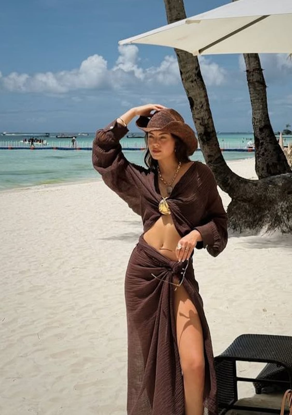 Brown Gauzy Matching Set With Wrap Skirt, Long-Sleeve Crop Top — Classy Coastal Outfits