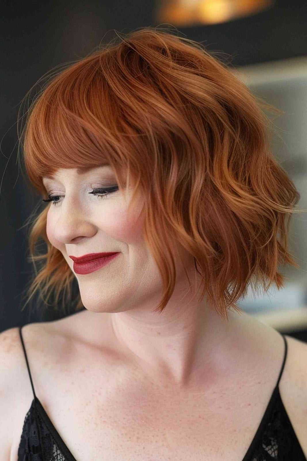 Chin Length Bob With Blunt Bangs Chin Length Bob With Blunt Bangs — Classy Copper Hair