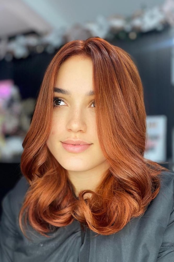 Collarbone Copper Blowout With Waves Collarbone Copper Blowout With Waves — Classy Copper Hair