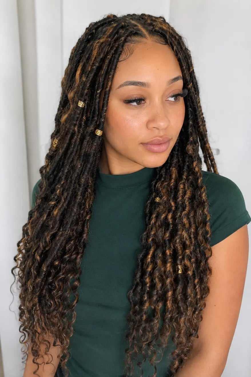 Mid-Back Wavy Locs With Gold Beads — Classy Crochet Hair