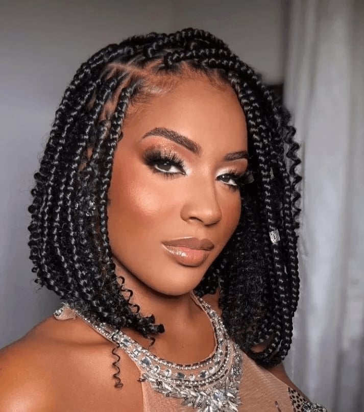Chic Chin Length Black Bob With Curly Bangs — Classy Crochet Hair