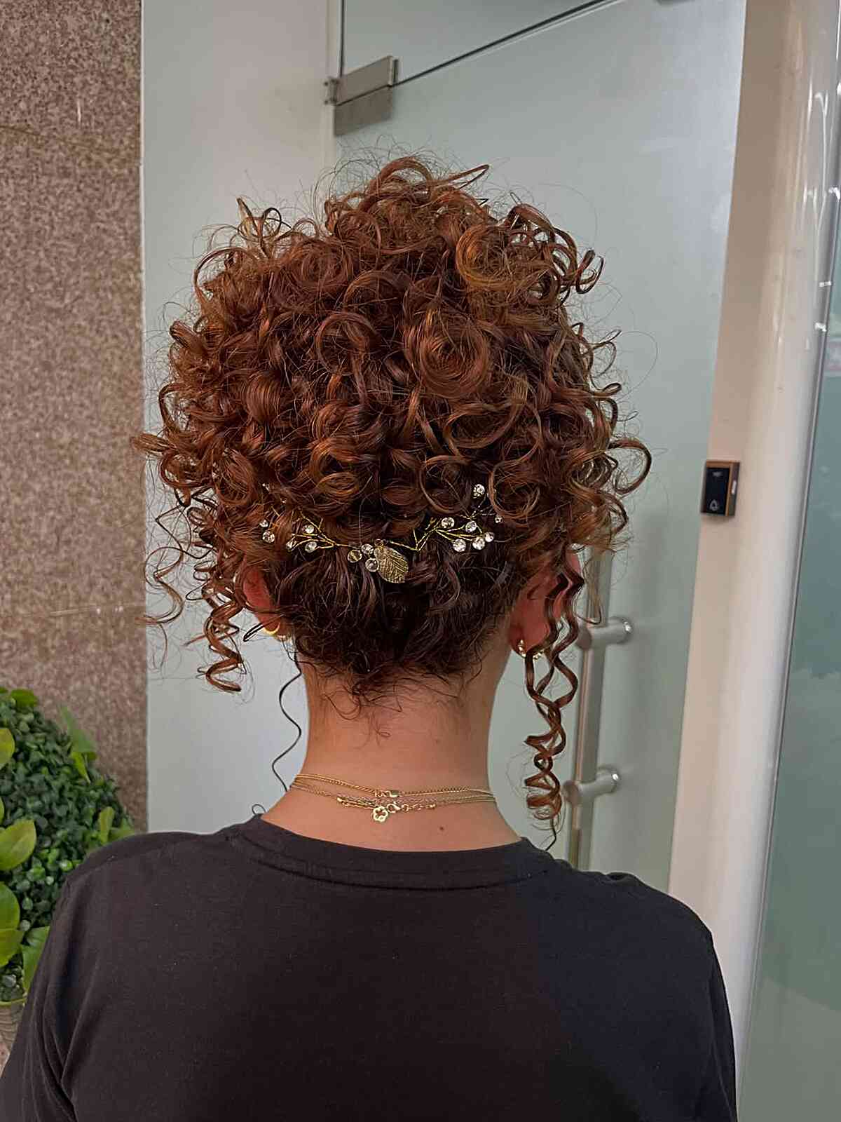 Mid-Back Dark Brown Curly Updo With Auburn Highlights — Classy Curly Updo