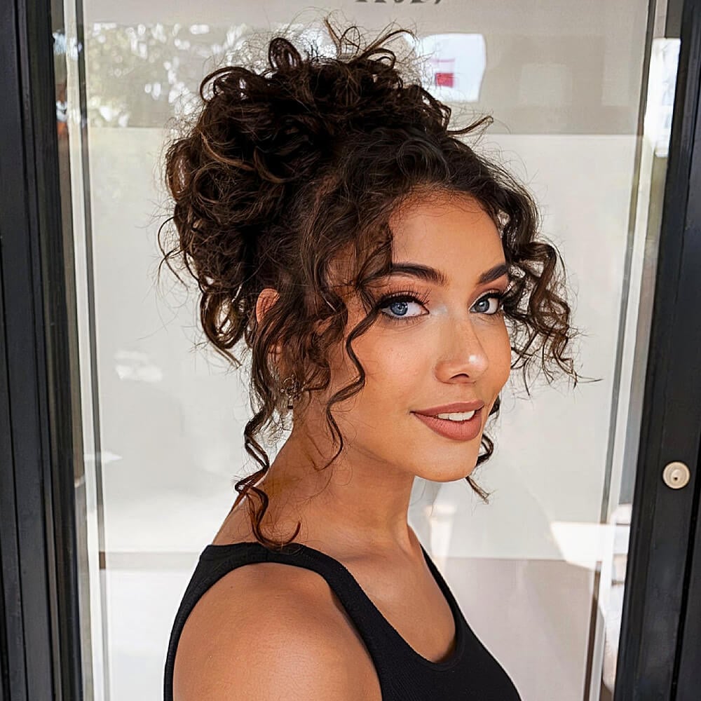 Mid-Back Dark Brown Curly Updo With Face-Framing Curls — Classy Curly Updo